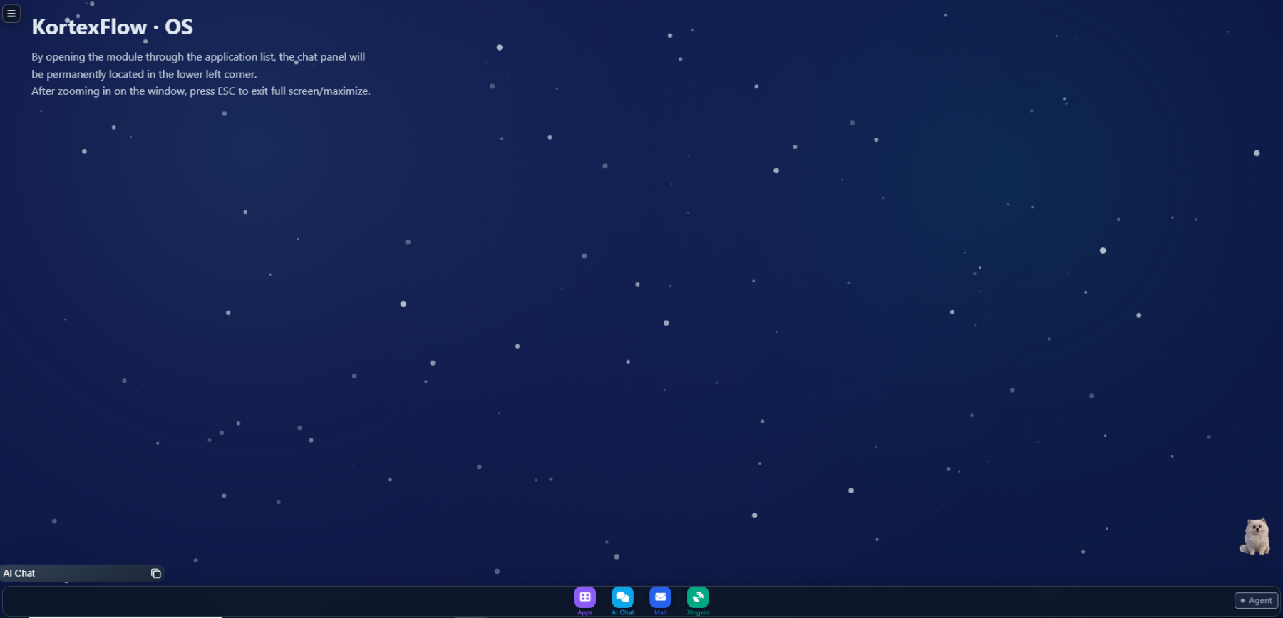 KortexFlow OS desktop: app bar, chat, and system entry in one UI